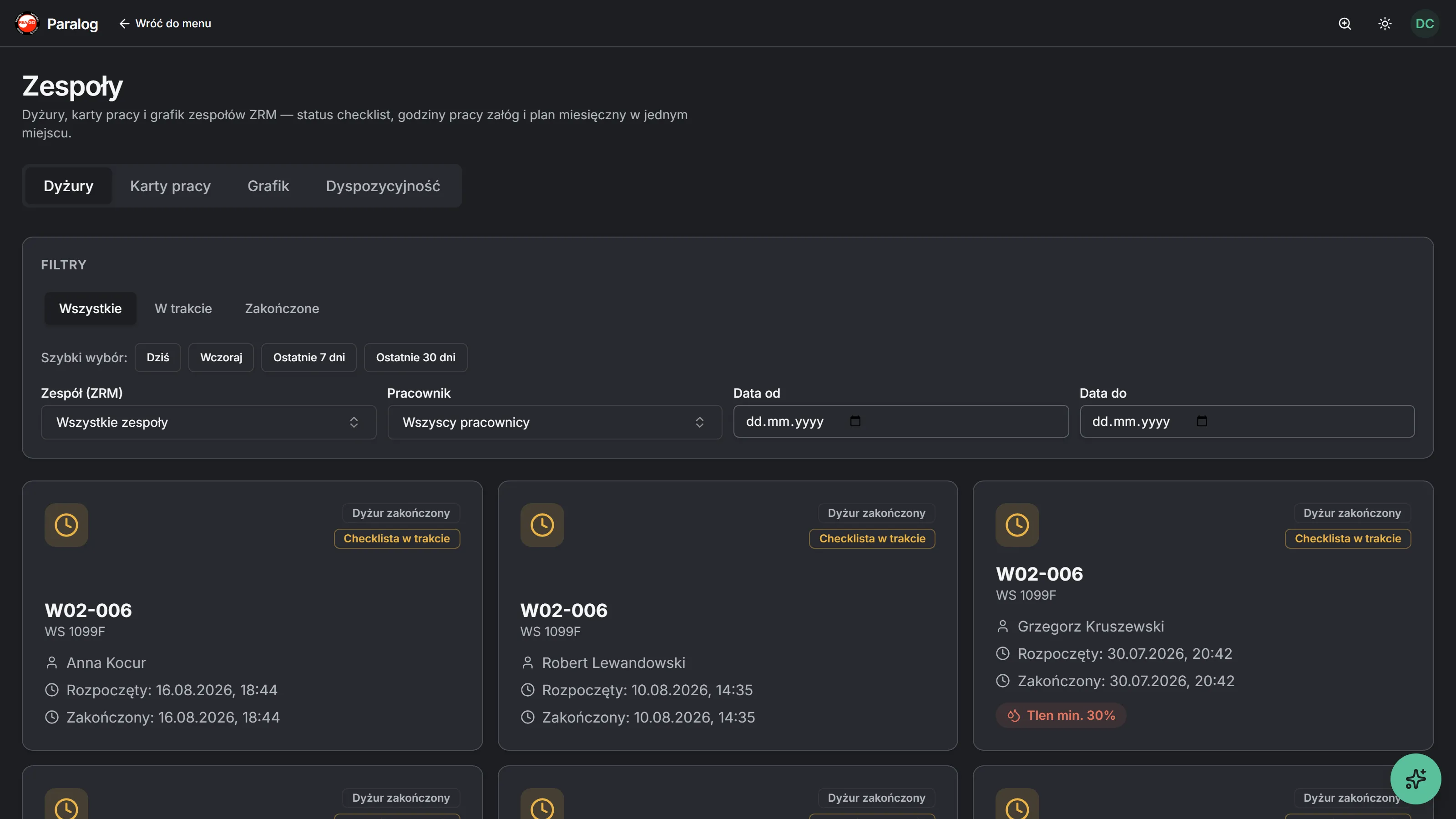 Paralog — dyżury karetek z checklistami zmian