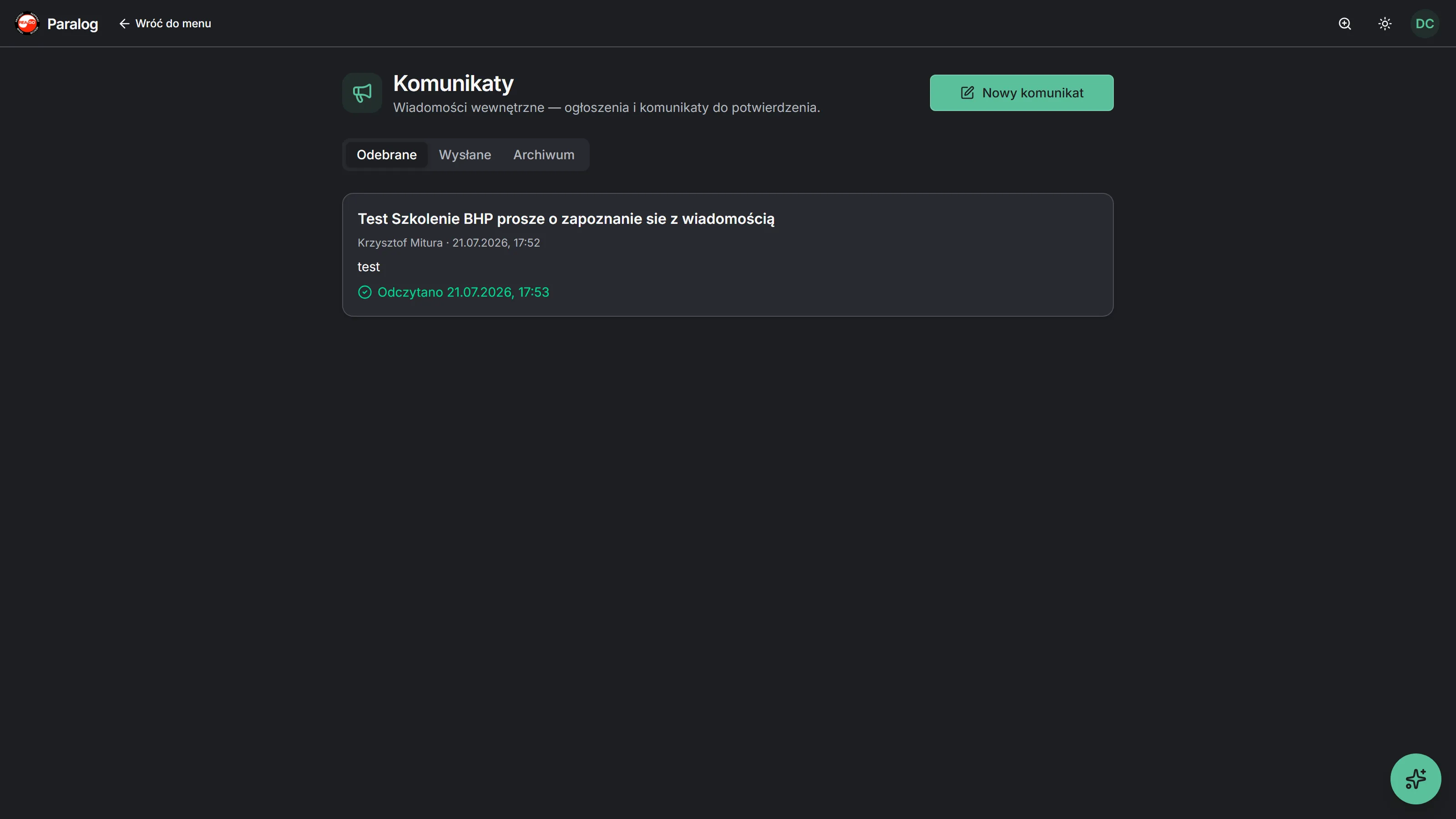 Paralog — komunikaty wewnętrzne