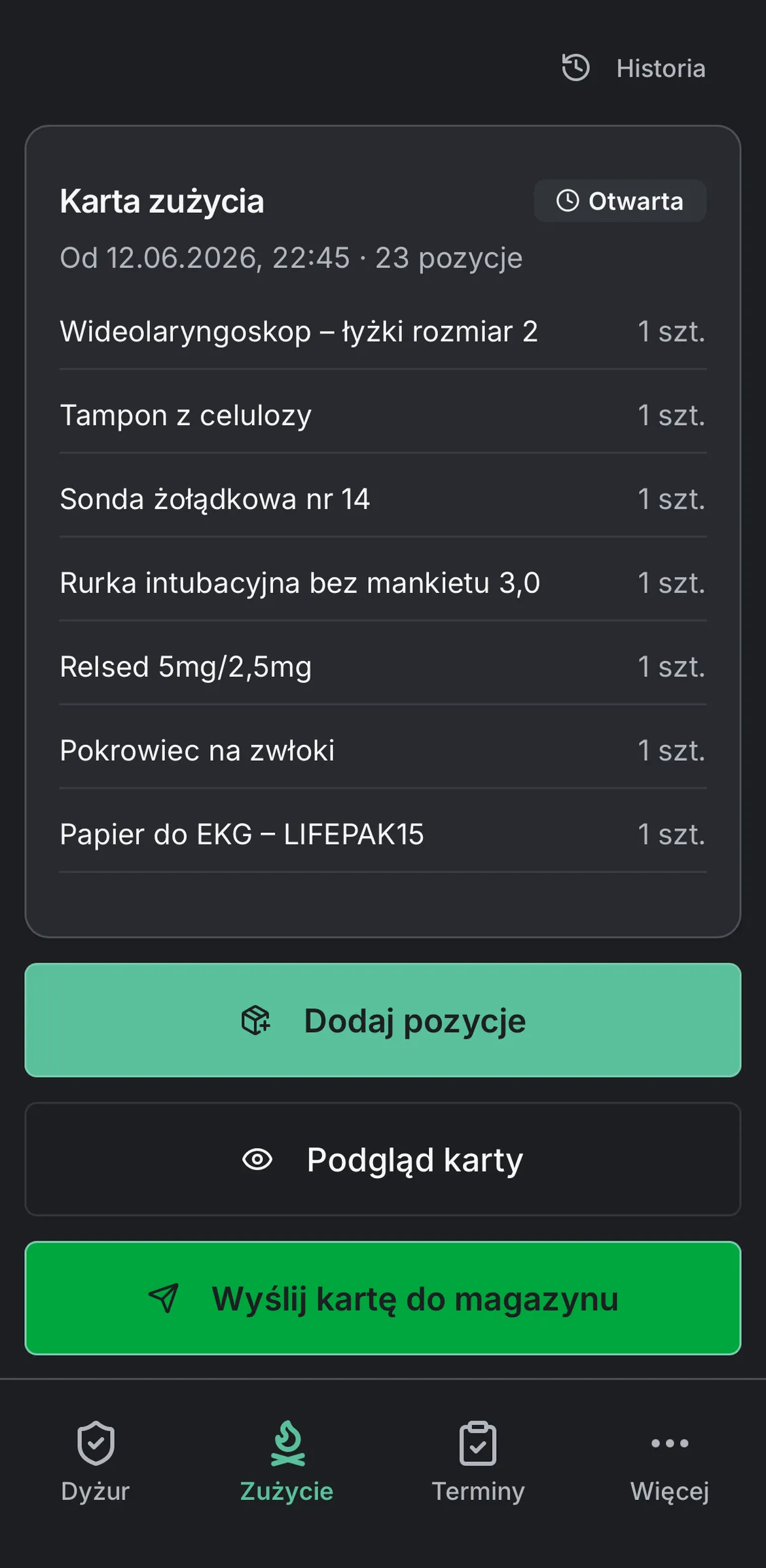 Aplikacja mobilna Paralog — karta zużycia