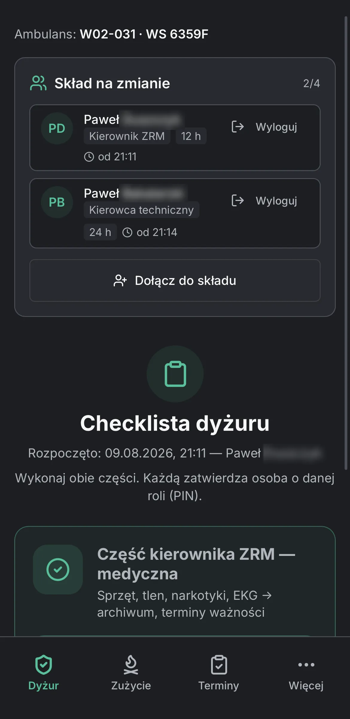 Aplikacja mobilna Paralog — ekran dyżuru w karetce