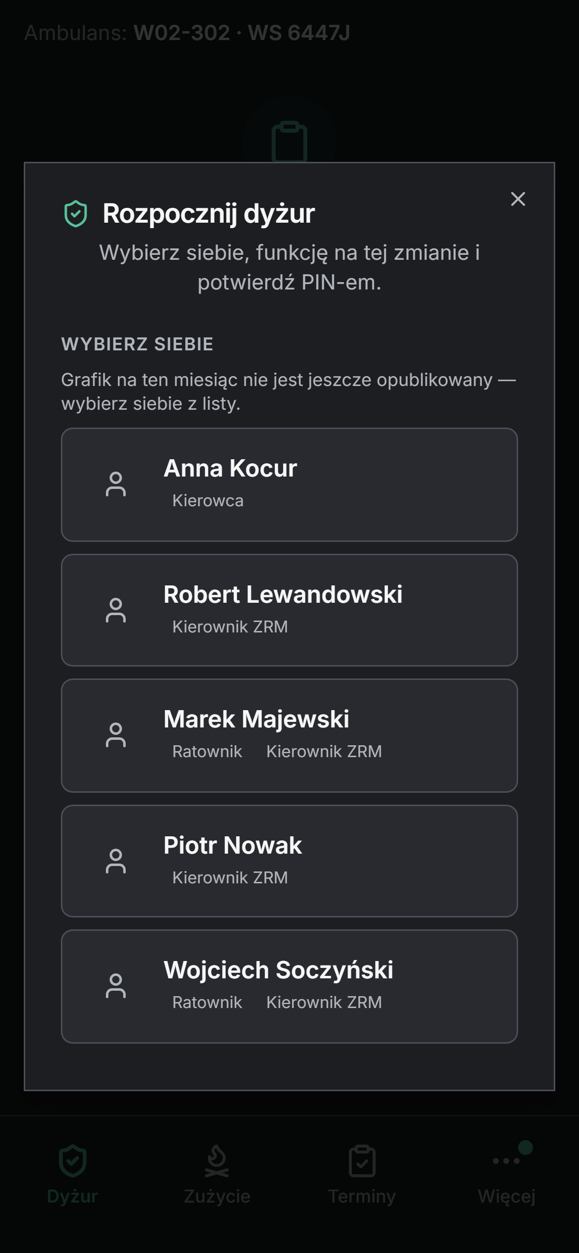 Aplikacja mobilna Paralog — ekran dyżuru w karetce