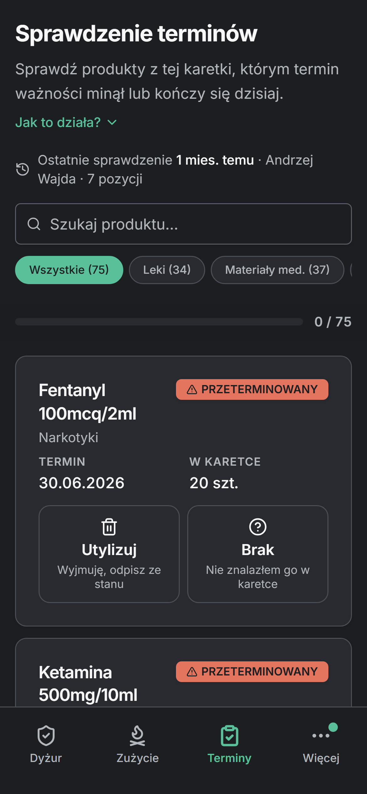 Aplikacja mobilna Paralog — ekran dyżuru